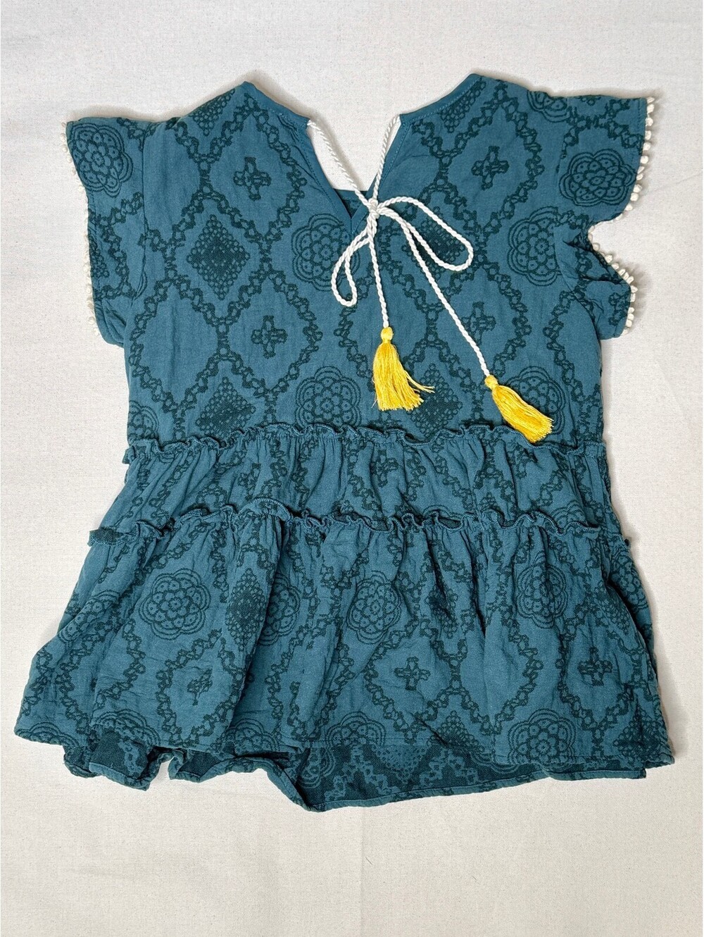 THML XS Teal Boho Tiered Peplum Blouse Tassel Tie Cotton Viscose Top